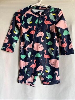 Kids Navy One-Piece Rashguard Swimsuit with Pink Flamingo Print
